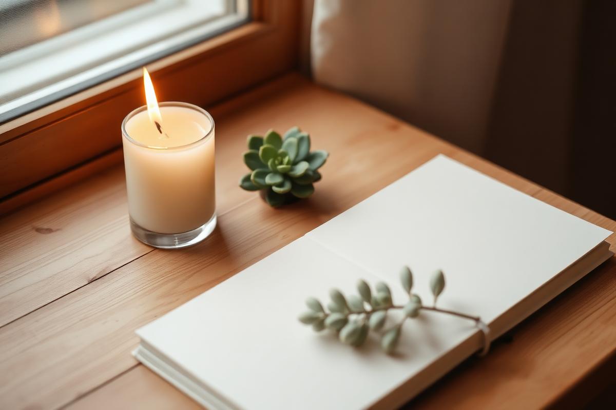 A warm still life with candle, journal, and plant